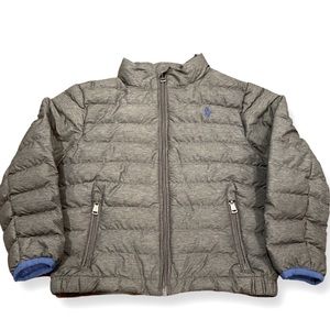 Polo Ralph Lauren down puffer jacket. Boy’s 6. Grey with royal blue trim.